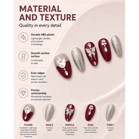 Wine‑Red Medium‑Long Almond Press‑On Nails，Luxury False Nails with Silver Glitter, Metal Butterfly & Heart Rhinestones